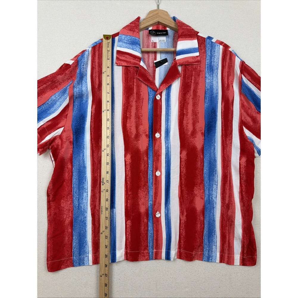 New Original Use Mens 100% Rayon Striped Button Down Shirt Size L Red White Blue - Picture 7 of 11
